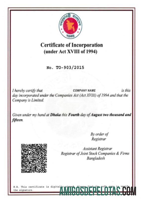 Bangladesh Incorporation Certification modelo